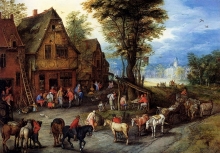 212/brueghel, jan the elder - a village street with the holy family arriving at an inn